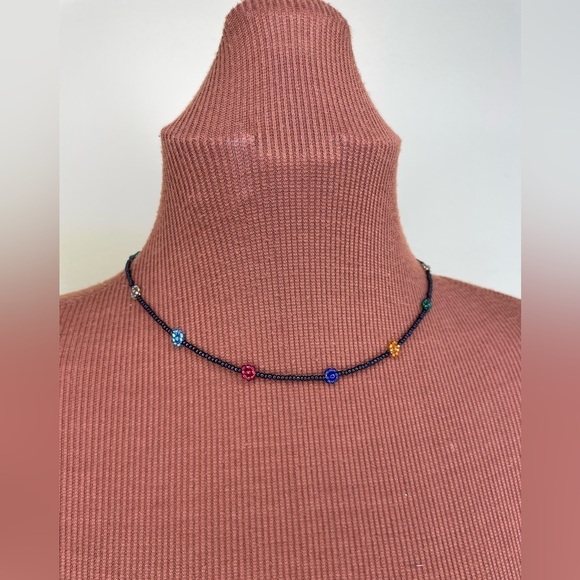 Jewelry - Beaded Flower Choker Necklace, Multicolor Necklace, Minimalist Choker